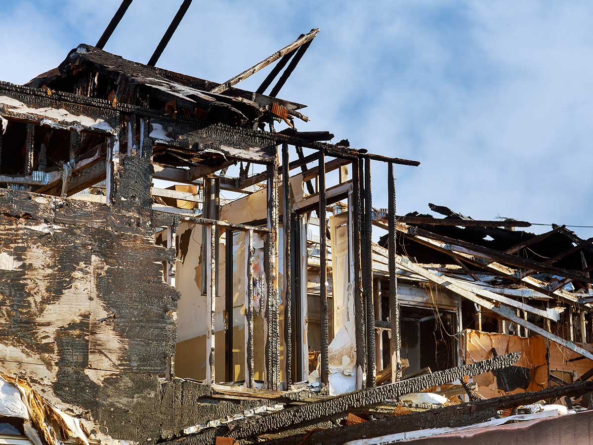 Damaged building structure after fire requiring mitigation and restoration